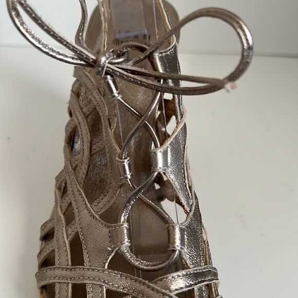 Stuart Weitzman Metallic Leather Wedge Cork Heel Lace Up Sandals Size 38 - Picture 12 of 15
